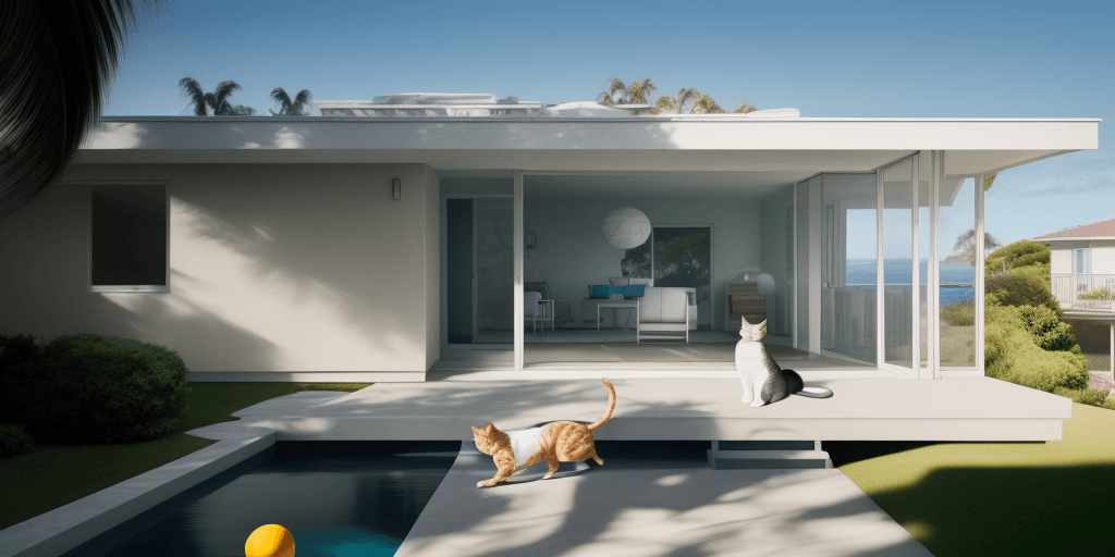 AI generated: hyper realistic eye level exterior photo of a mid century modern style house overlooking the ocean, ...