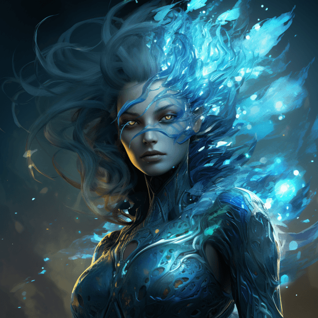 AI generated: Fantasy creature morphing from nemesis, diamond skin, sapphire hair, ice eyes, intricate detail, fan...