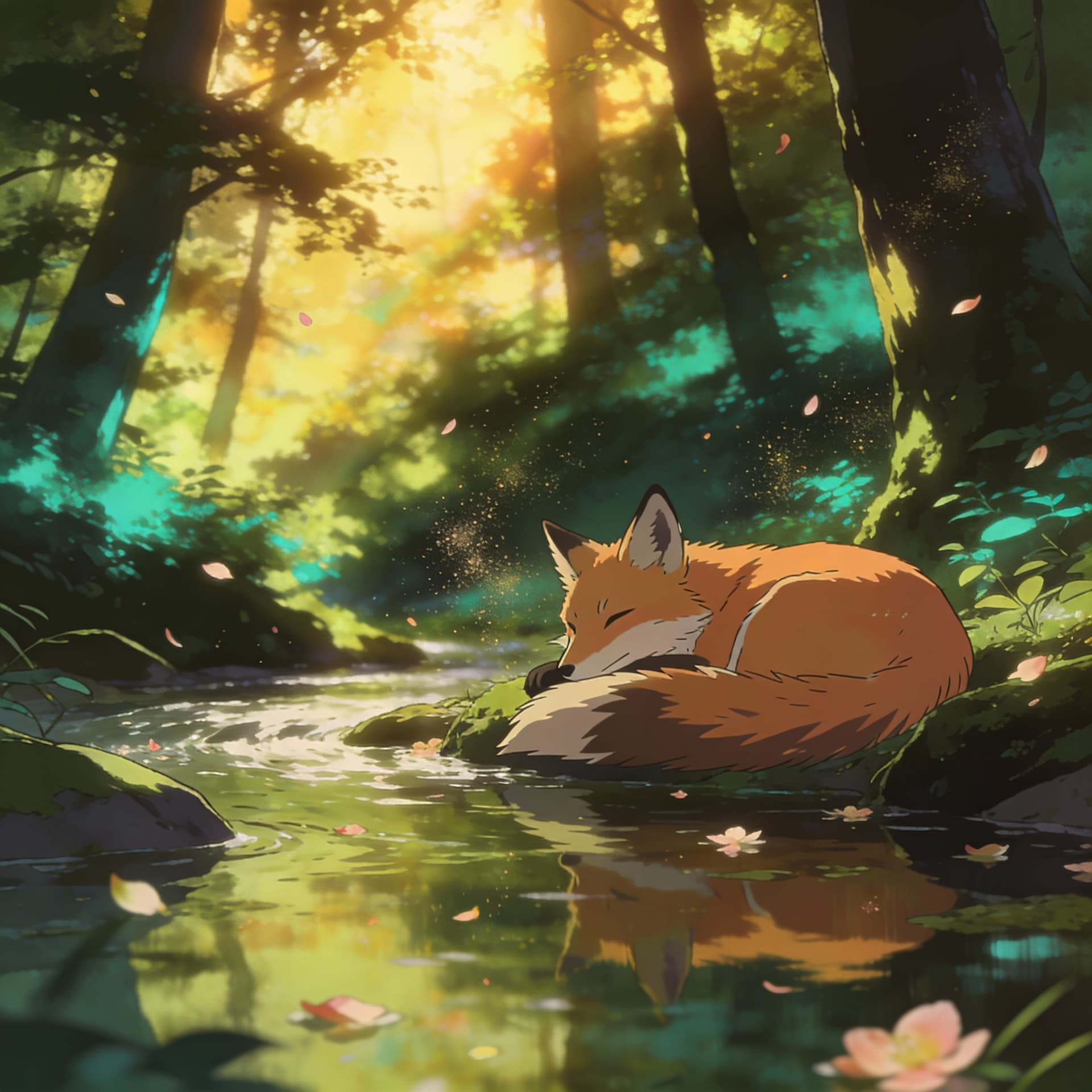 AI generated: A tranquil cinematic anime scene of a fox resting beside a forest stream, warm golden light filterin...