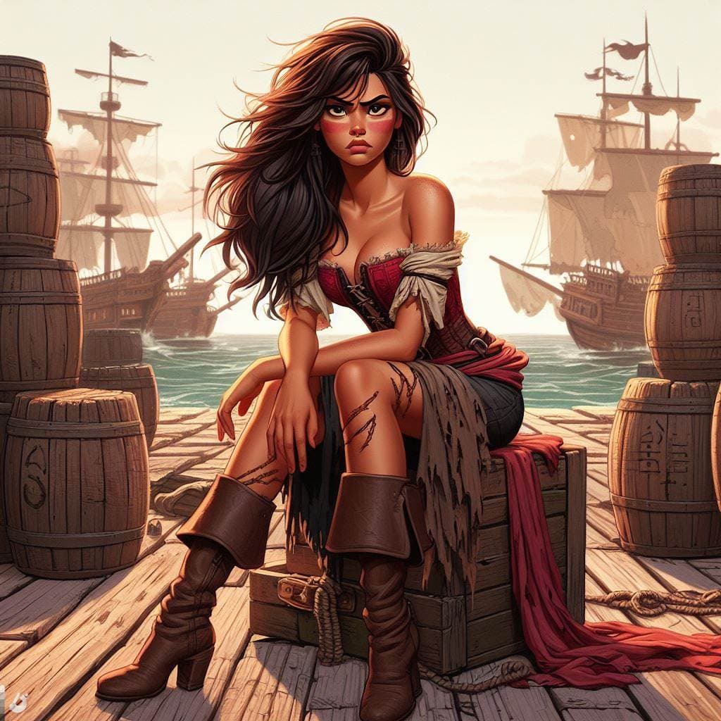 AI generated: illustration, disney pixar style, full-length shot: a stunning badass fearless female pirate, wainti...