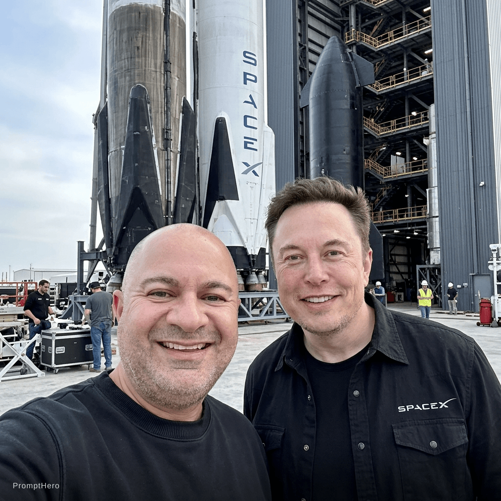 AI generated: with Elon Musk in front of a SpaceX rocket, professional setting