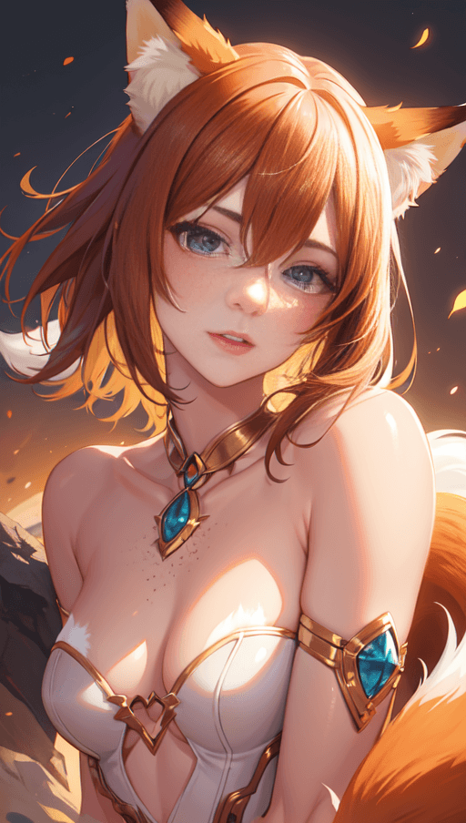 AI generated: ((half human and ((half fox)))), 20 year old European with small waist, fox ears, fox nose, blue eye...