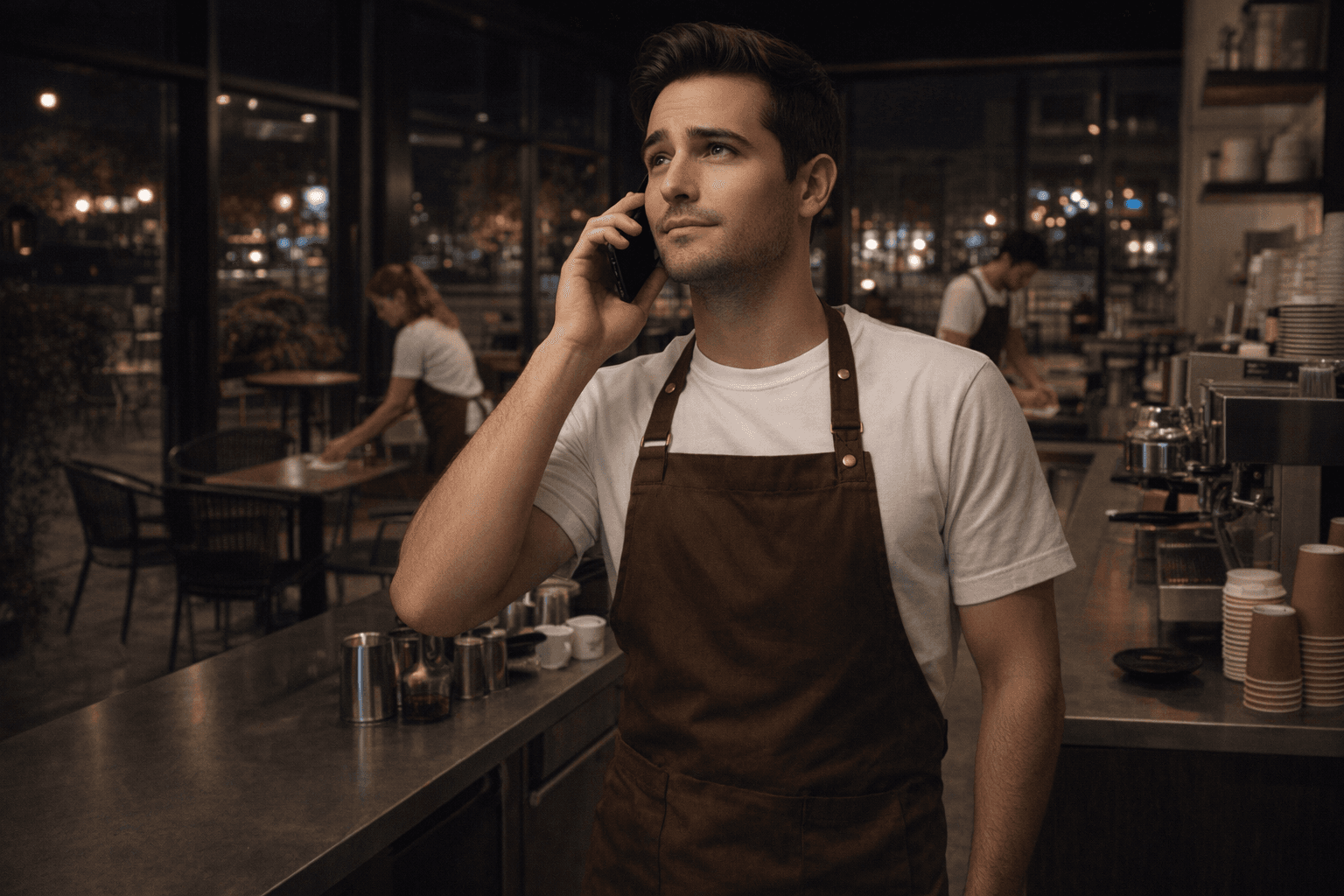 AI generated: At night. The model is a barista at a big coffee shop. He is behind the counter The coffee shop is e...