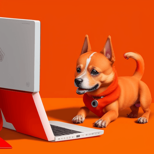 AI generated: Un perrito caniche de color rojo jugando con una computadora mientras toma un jugo de naranja. 