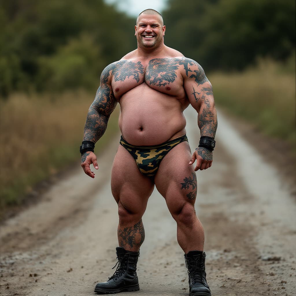 AI generated: Full body image, tall army muscle man, heavily tattooed, slim face, chiseled jawline, shaved head, h...