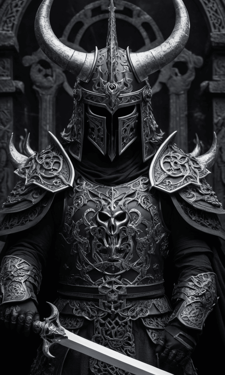 AI generated: a close up of a person wearing a horned helmet and holding a sword, death metal album cover, barong ...