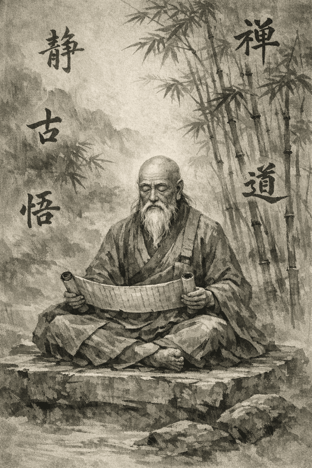 AI generated: Ancient wise Oshō, full body, sitting cross-legged on stone slab, holding ancient silk scroll, eyes ...