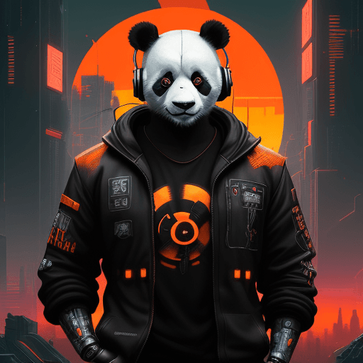 AI generated: real panda with headphones in the style of cyborg, cyberpunk landscape with an orange and black colo...