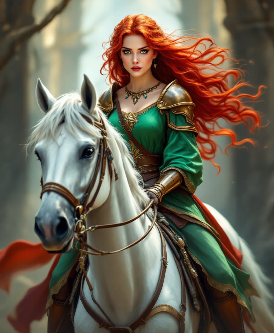 AI generated: 
A medieval warrior woman with flowing red hair atop a white horse dressed in green and red armor
Cl...
