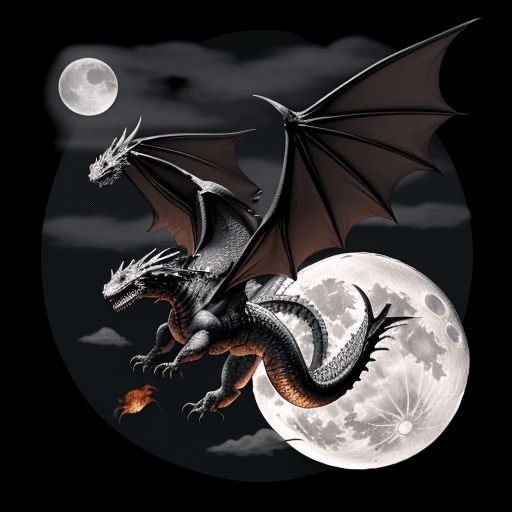AI generated: flying dragon,full moon, black and gray, breathing fire, 