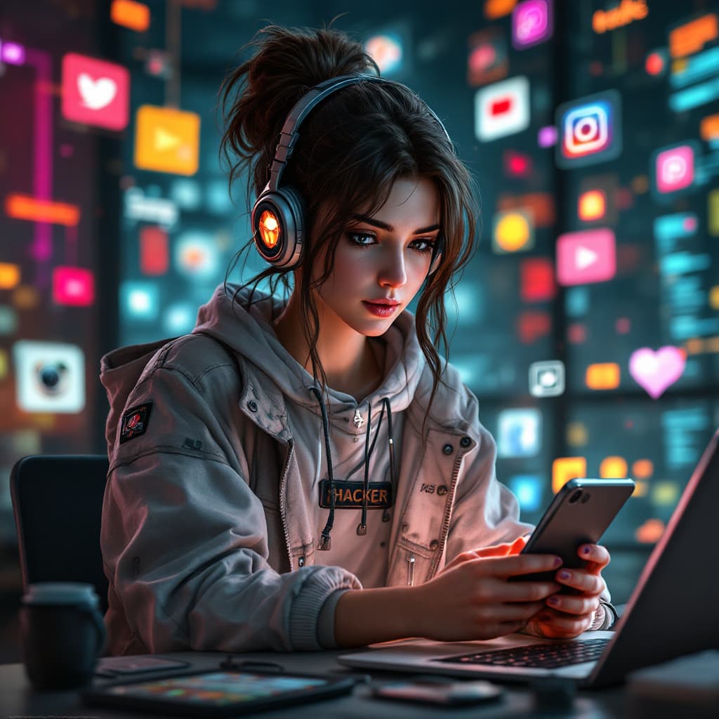 AI generated: a video game character of a young female hacker, surrounded by technology devices that allow her to ...