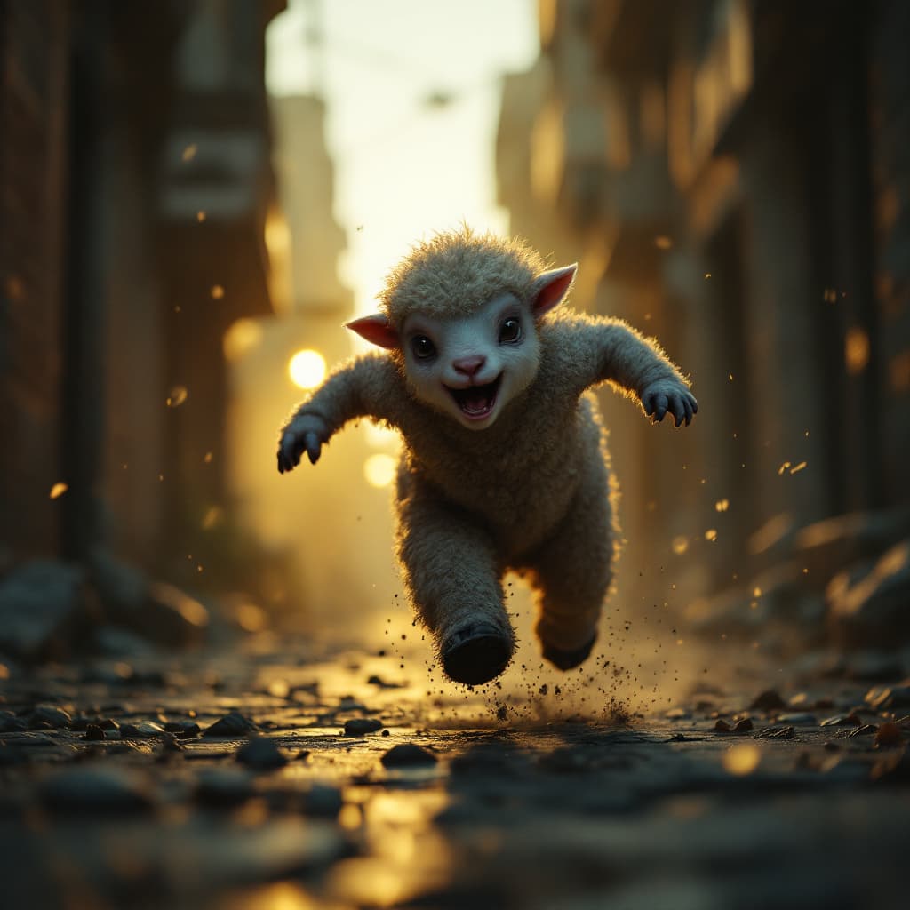 AI generated: a monster baby lamb running and growl , streets of jerusalem, dark lights, cinematic, hyper realisti...