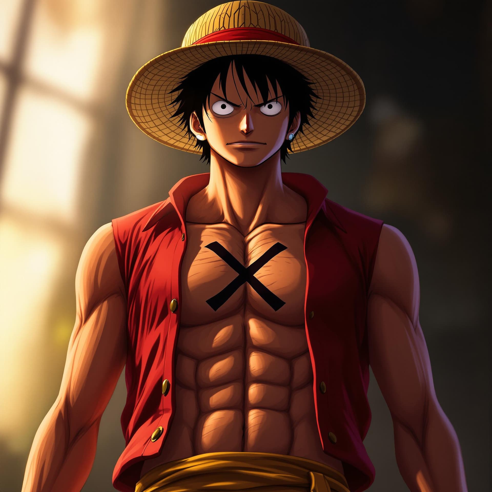 AI generated: Monkey D. Luffy, one piece anime, X-shaped scar on his chest, Straw Hat, symmetrical body, portrait,...
