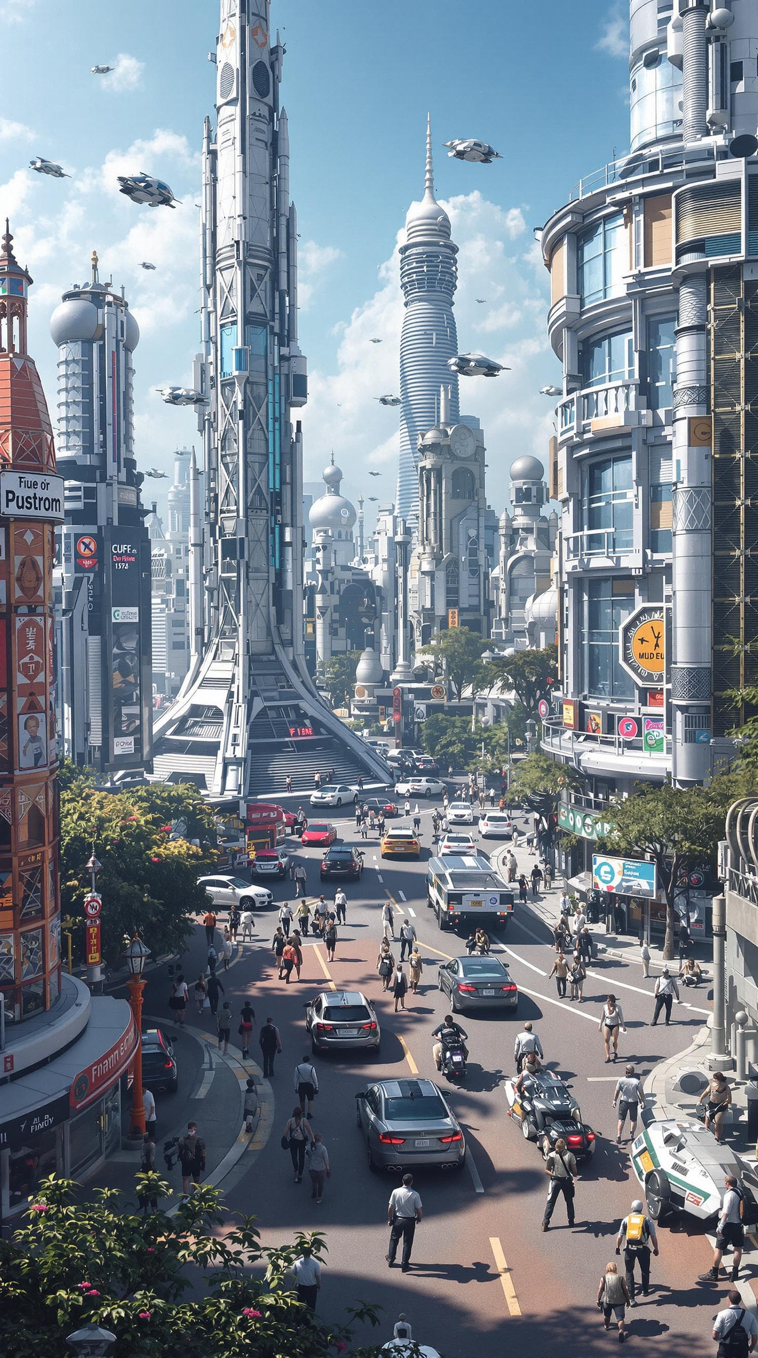 AI generated: fun hyper realistic futuristic cityscape with flying cars, robots and people wearing silver suits an...