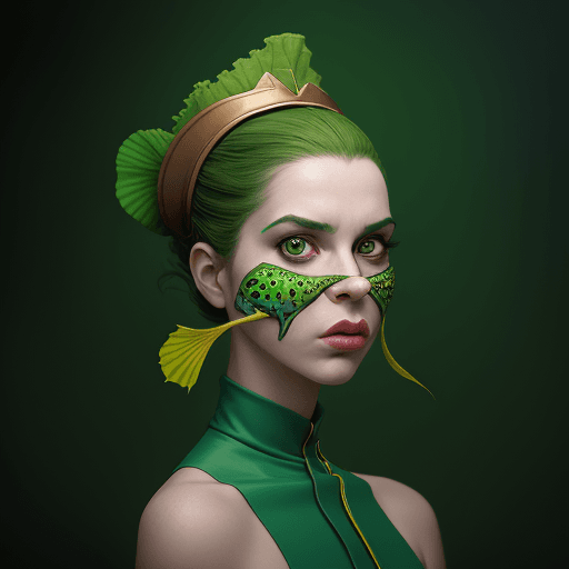 AI generated: woman wearing a green  fish on her face, in the style of hip pop, surreal comic scenes, jarring juxt...
