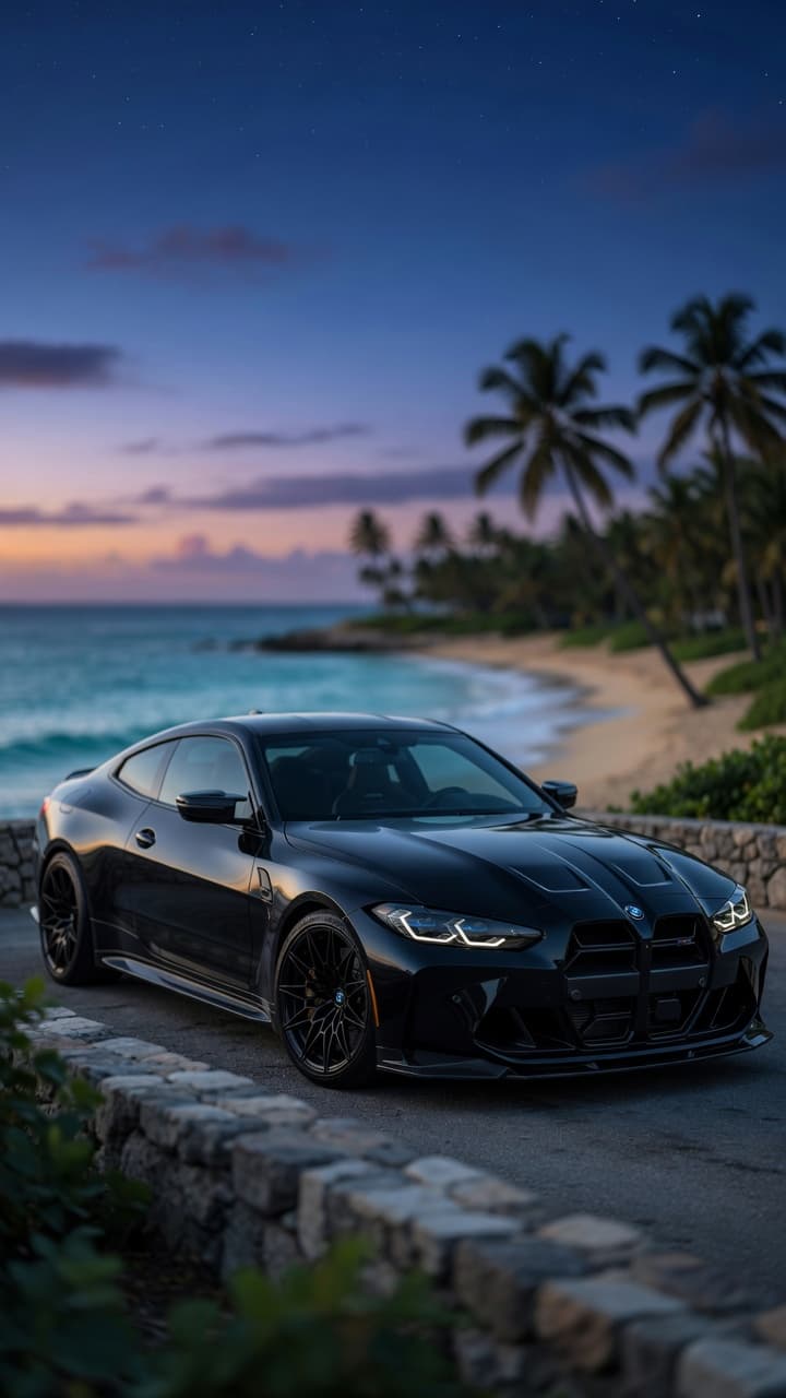 AI generated: stunning ultra-photorealistic image of a sleek full-black BMW M4 G82 with deep glossy obsidian paint...