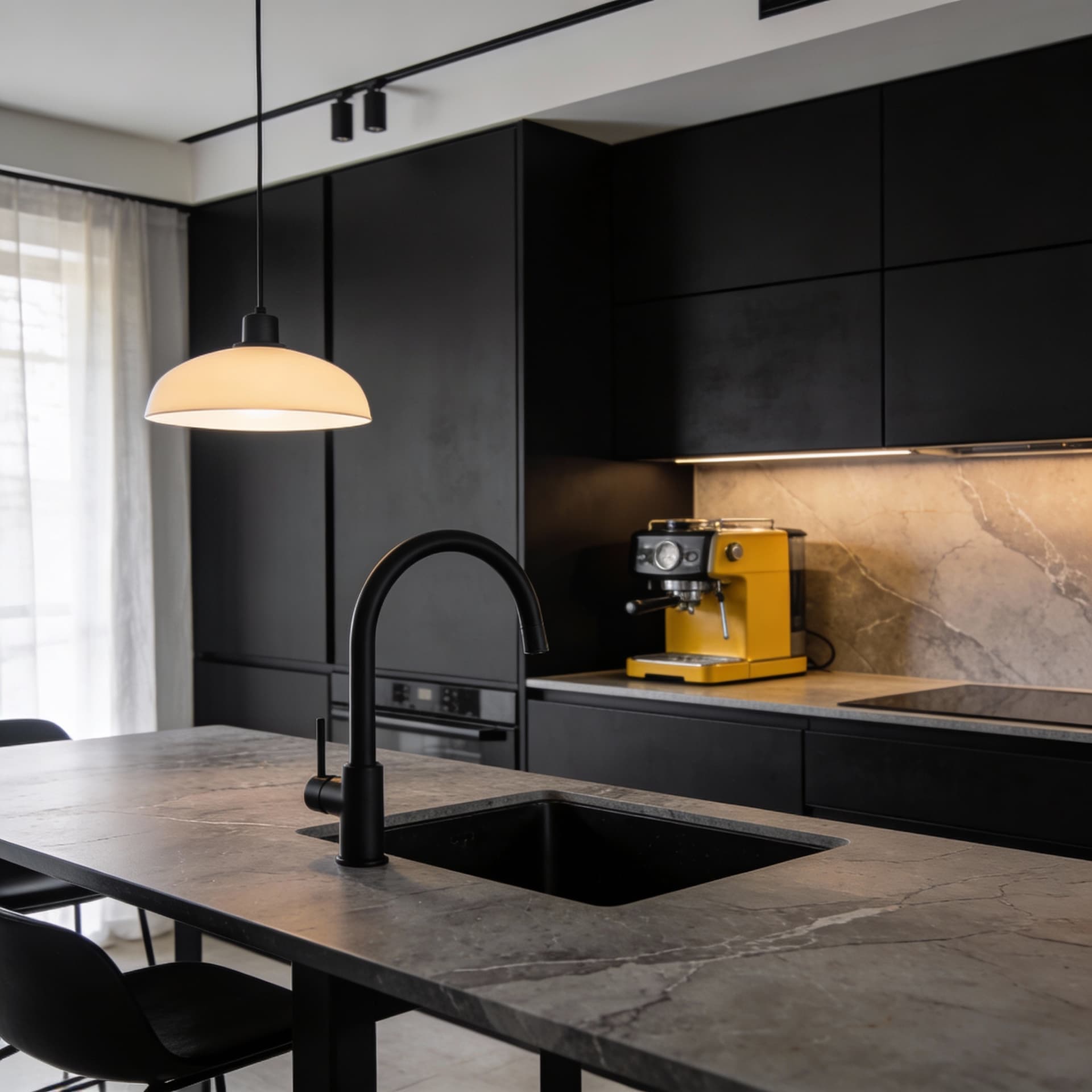 AI generated: modern kitchen, sleek matte black finishes, with a black steel and warm grey marble, EF 24mm f/1.4L ...