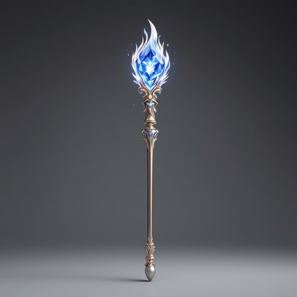 AI generated: Medium-short length, smooth, photo-realistic, royal, silver scepter, rounded silver bottom, multifac...