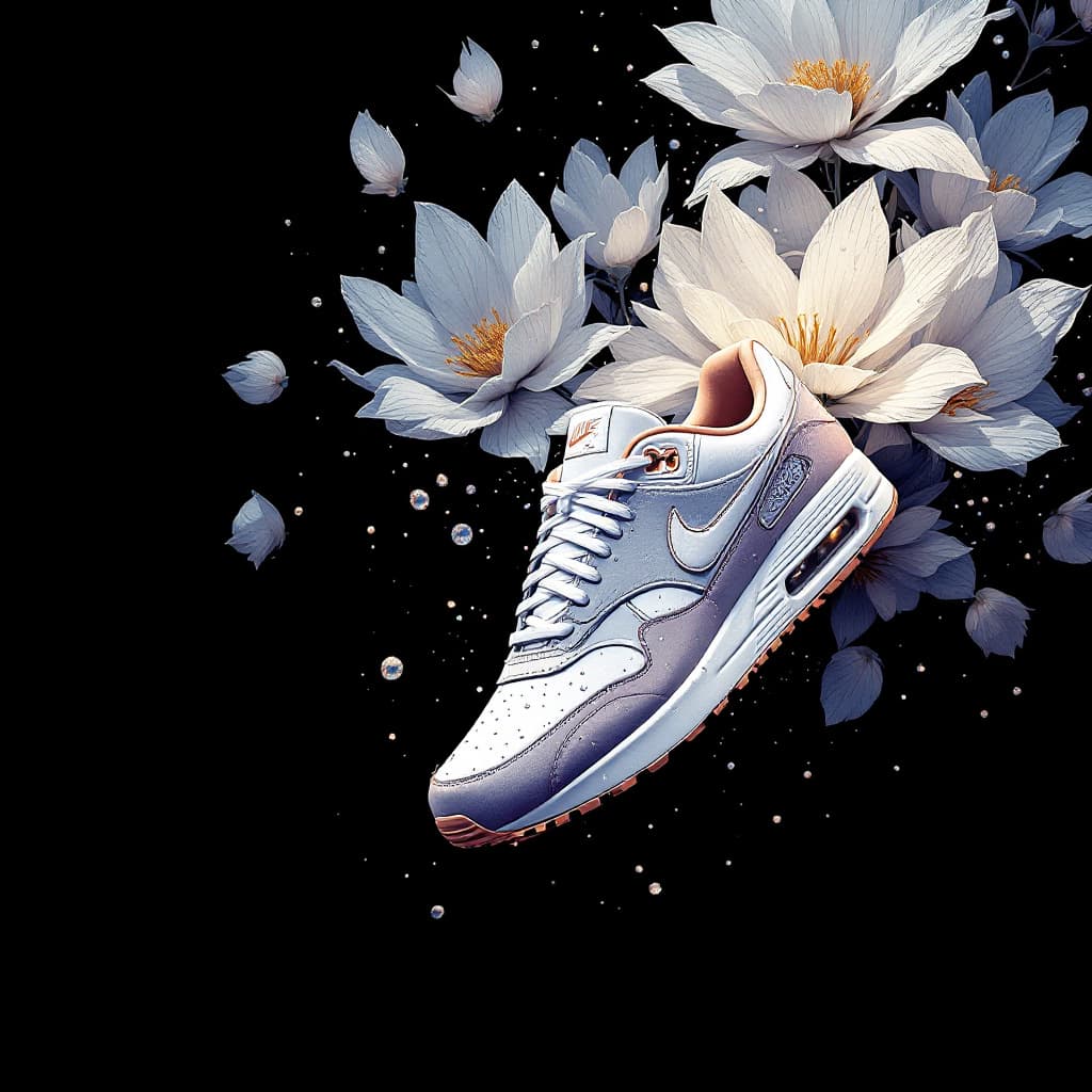 AI generated: illustrate an intricate Nike sneakers arrangement bursting with life against a stark black backgroun...