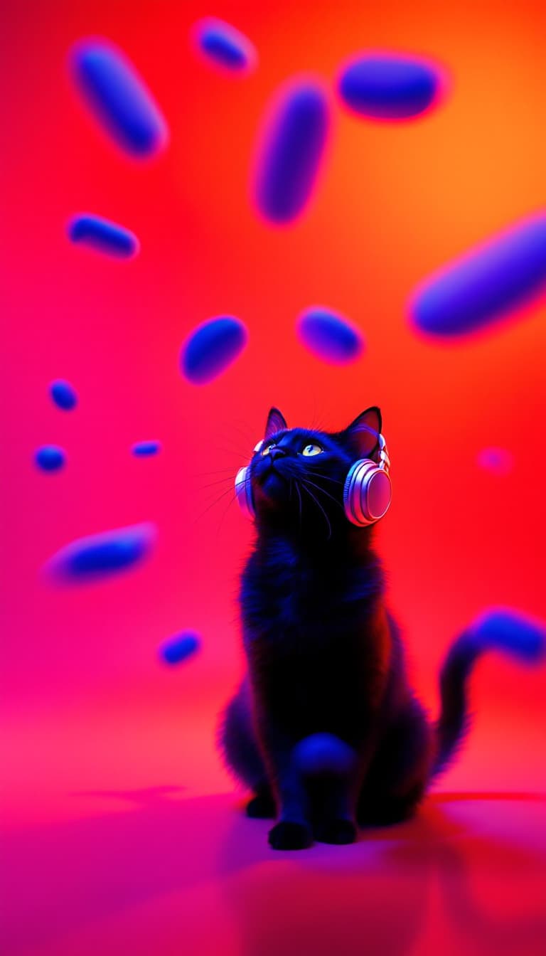 AI generated: A black cat, wearing headphones and fully immersed in the world of music, is surrounded by a dynamic...