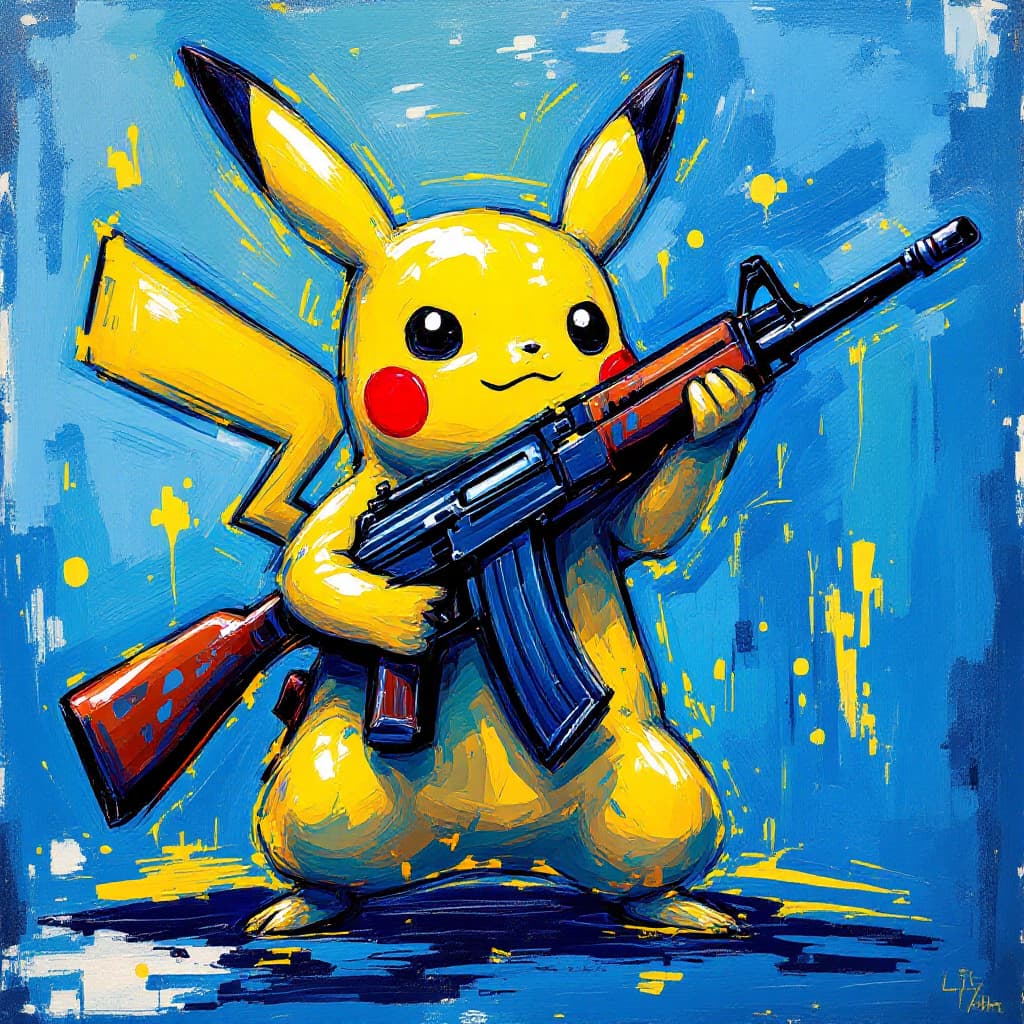 AI generated: A Picasso Style painting of pikachu with an ak47, part of the crips gang