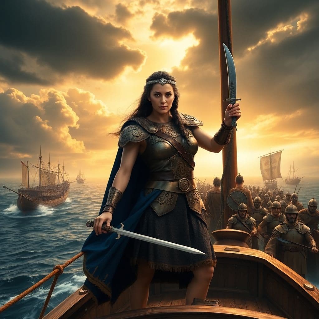 AI generated: Prompt: A powerful and determined Queen Teuta of Illyria stands at the prow of her warship, sailing ...