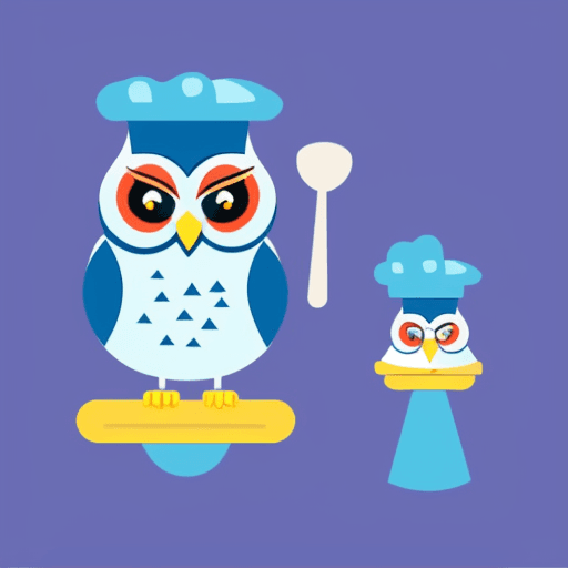 AI generated: flat minimal logo, vector illustrator, monotone, image of (an owl with cooking hat) ((stand in front...