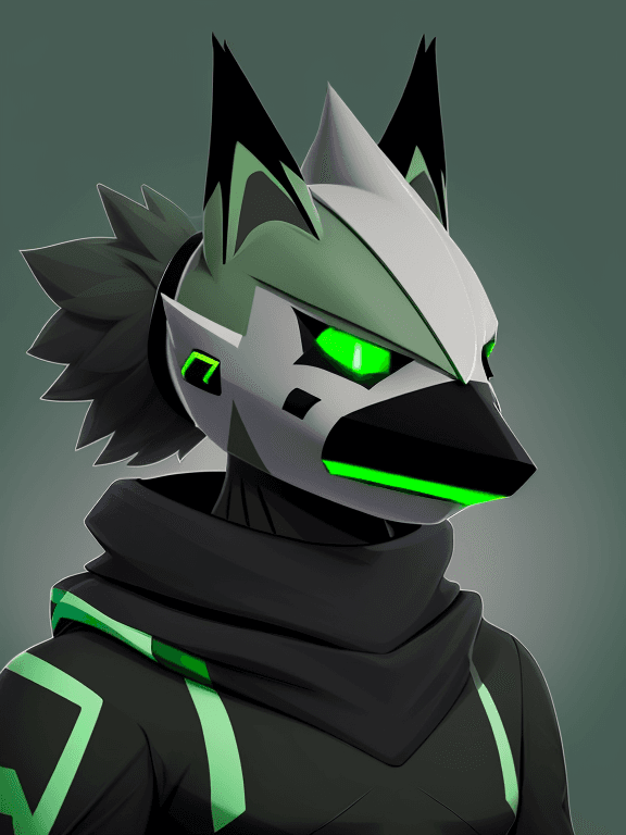 AI generated: mostly green Protogen headshot furry; zigzag mouth,  simple black complete face visor