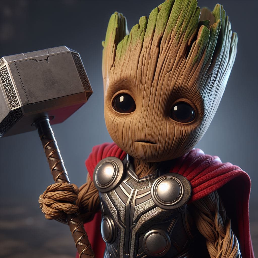 AI generated: Baby Groot of Marvel, con el traje y martillo de Thor, masterpiece, 8K, octane render, ray-tracing