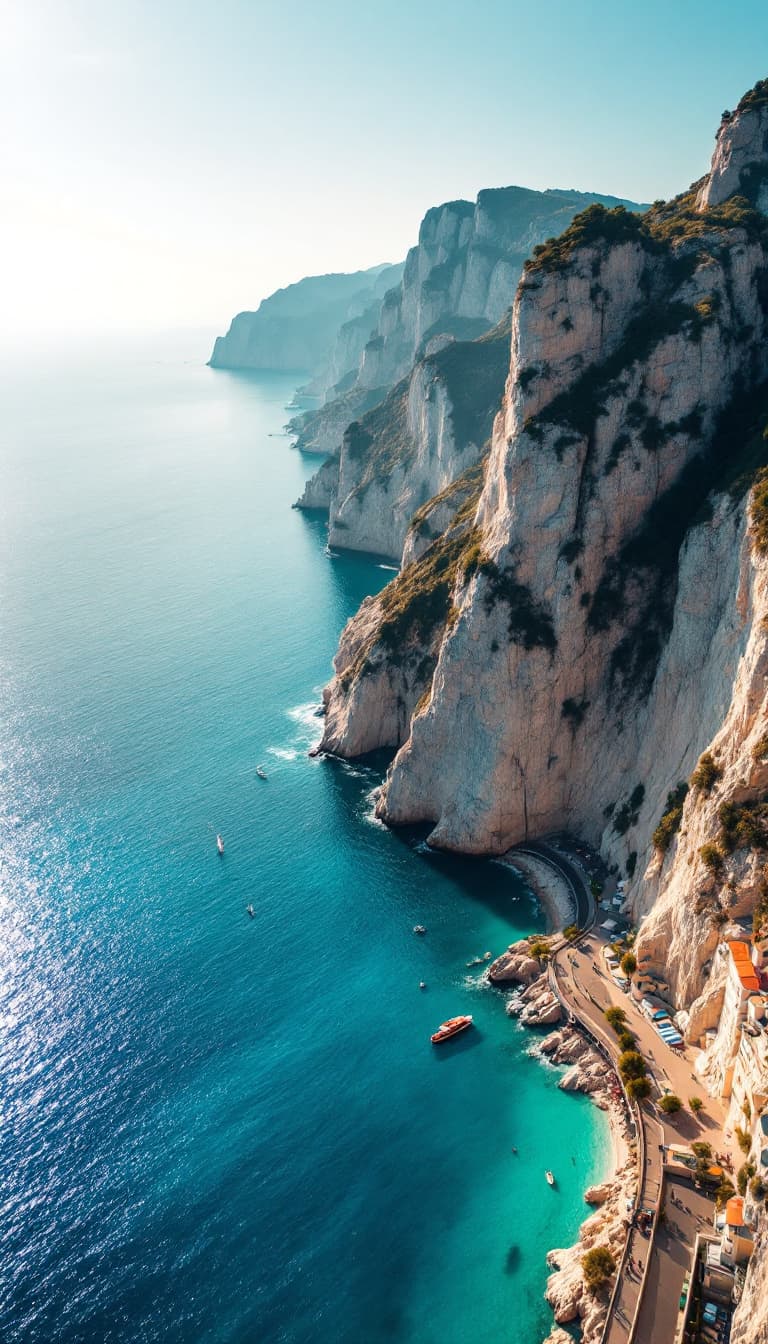AI generated: A breathtaking drone shot of the Crimean coastline, featuring towering limestone cliffs plunging int...