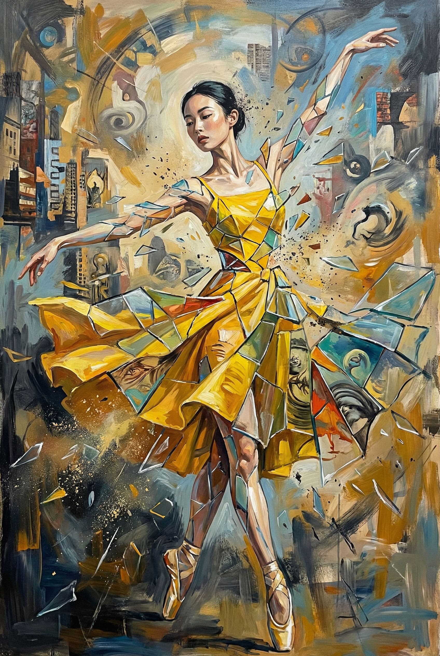 AI generated: a painting of a woman wearing a yellow dress, in the style of joram roukes, dance, neil gaiman, grac...