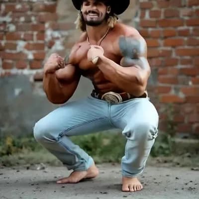 AI generated video: Standing up and walking towards me, stopping doing double bicep. Flax, doing most muscular pose, the...