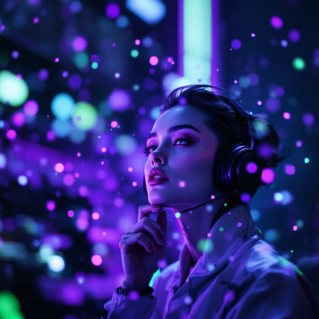 AI generated: futuristic, cyberpunk aesthetic, particles, big data, purple green accents, soft diffused highlights...