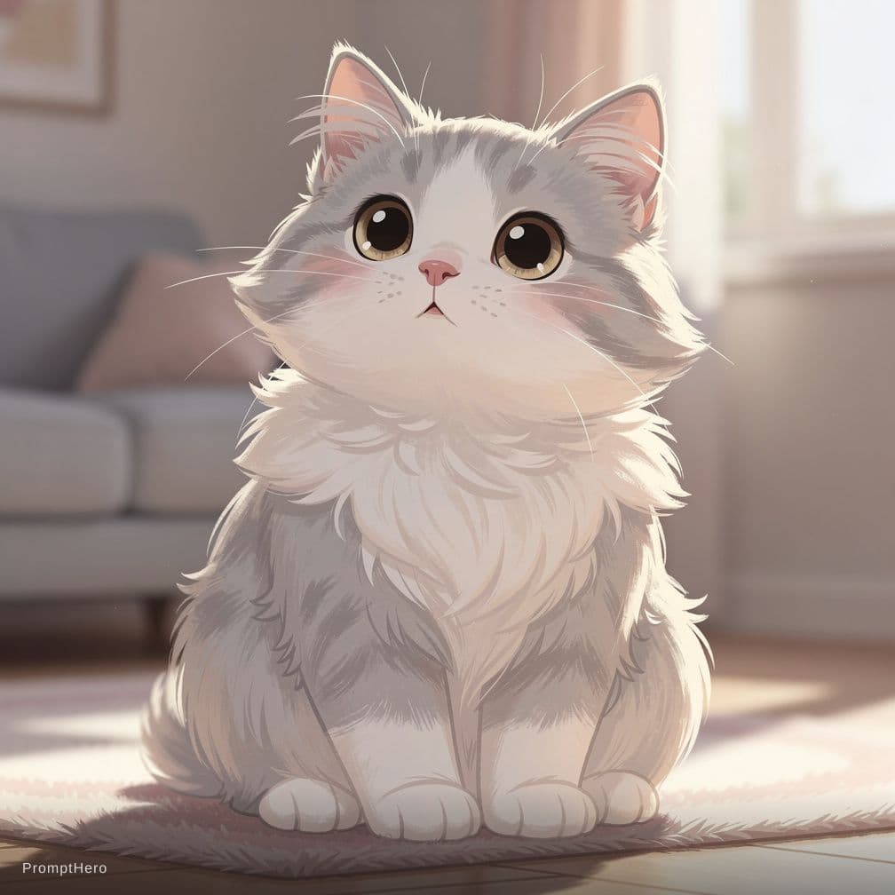 AI generated: white and gray cat, soft fluffy fur like rabbit, digital art, illustration style, cute expression, s...