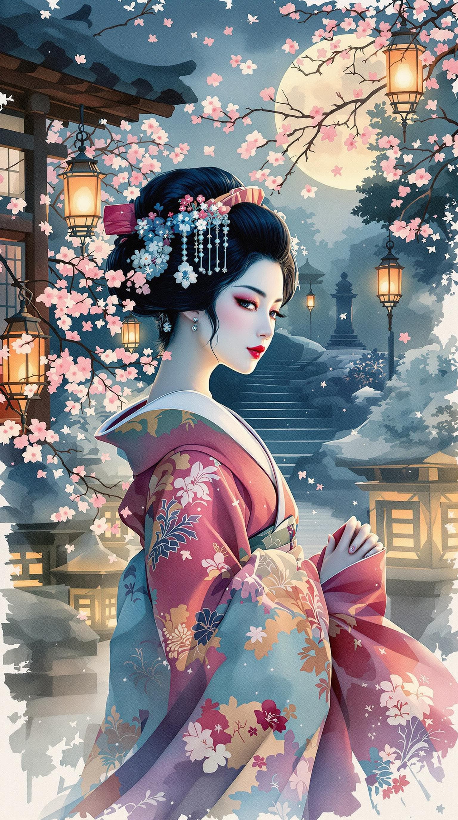 AI generated:  A vibrant watercolor portrait of a Japanese geisha, depicted in dynamic motion, set amidst a serene...