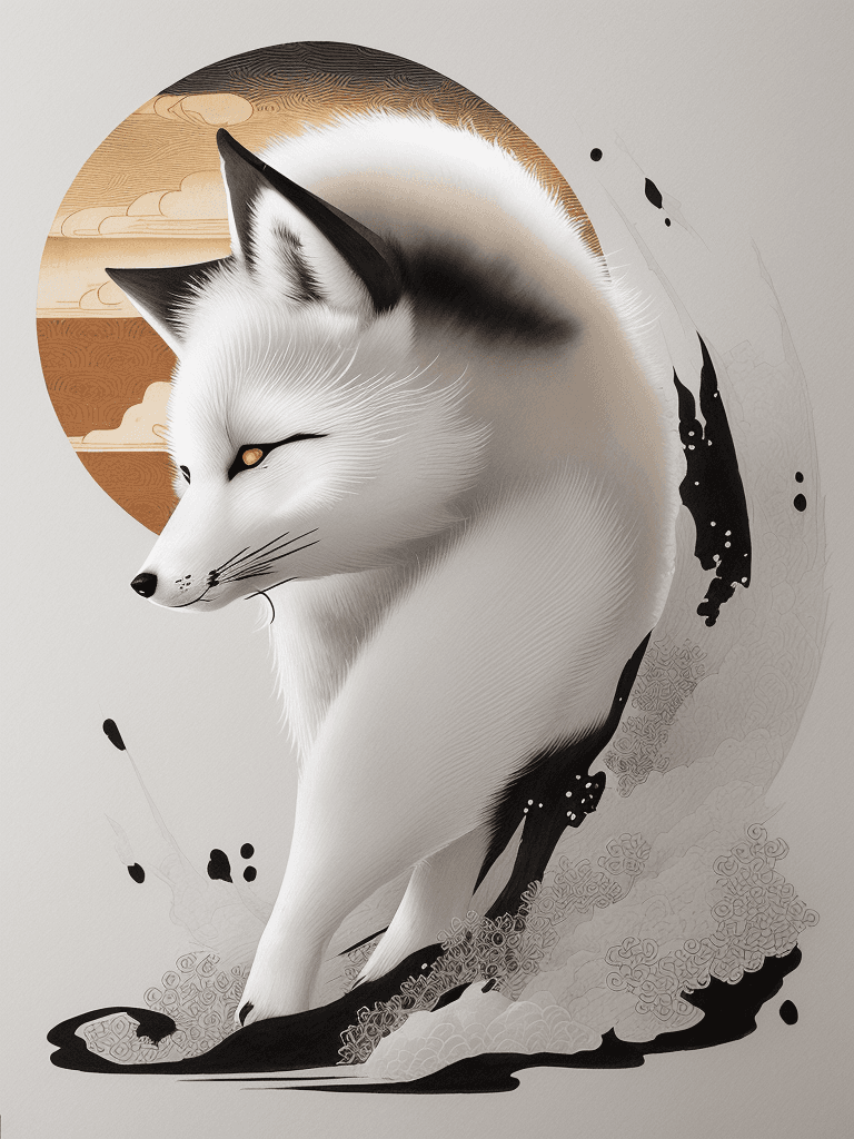 AI generated: Japanese ink drawing, arctic fox in the style of samurai legends, intricate brushwork, setting sun -...