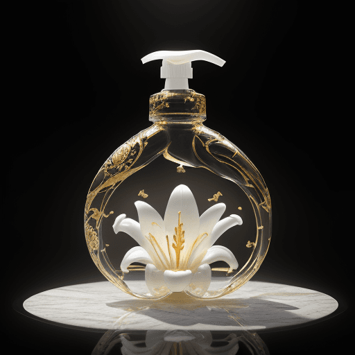 AI generated: a intricate detergent bottle in the shape of a lily flower made of white plastic , highly detailed, ...