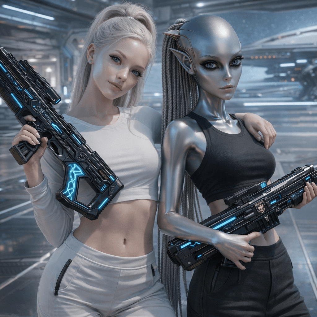 AI generated: Create an image where all the charactes are casually holding the reference weapons in a pose. Change...