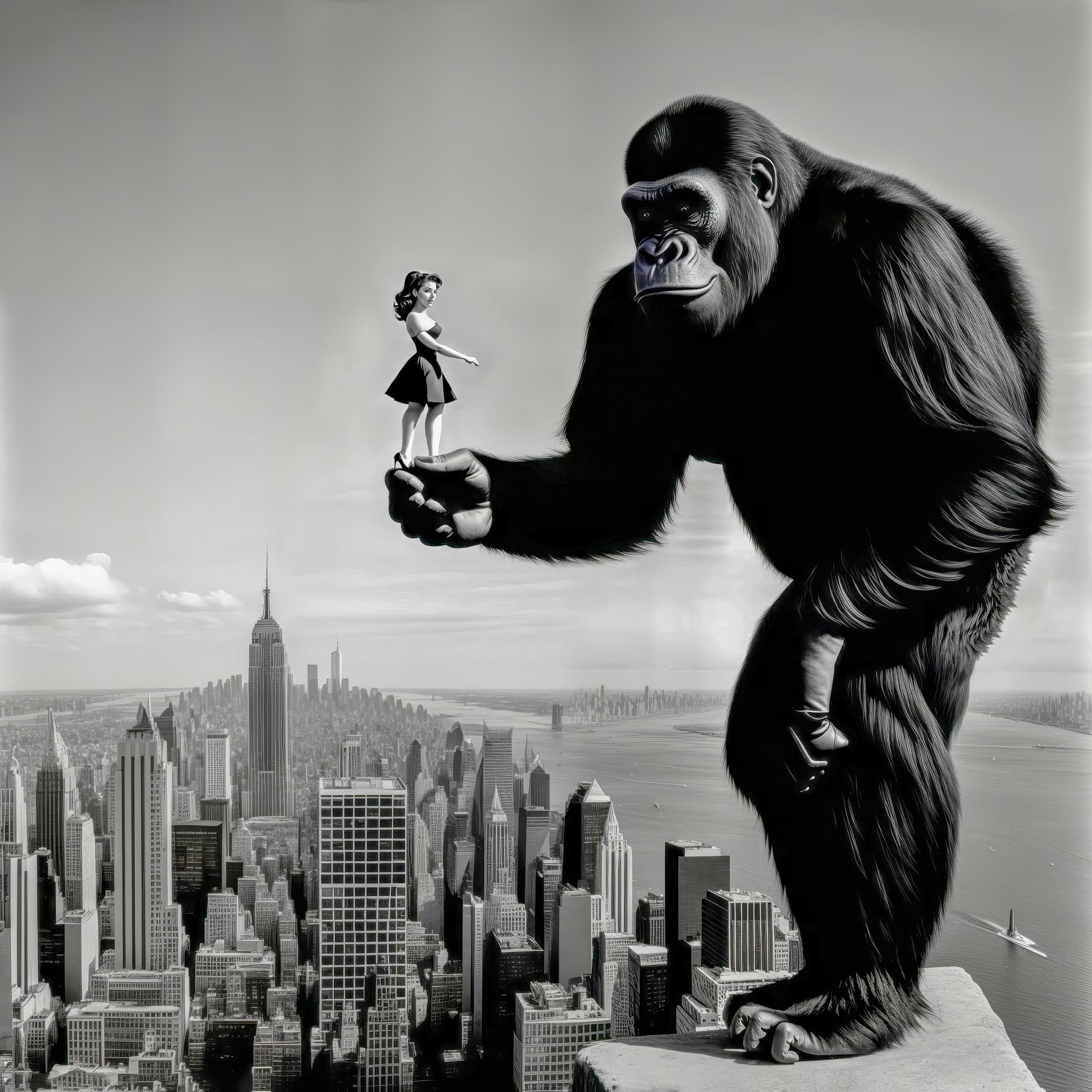 AI generated: A 50s pinup woman as a doll in the hand of a massive oversized gorilla King Kong, Iconic black and w...