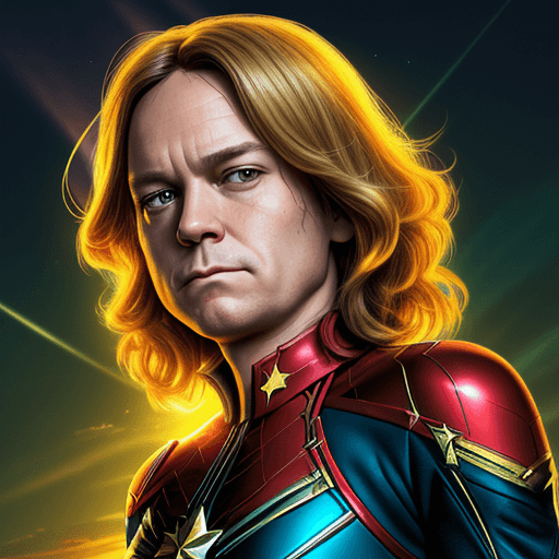 AI generated: Javier Milei as Captain Marvel, a fusion between brie larson and this old 55 years old man, fat 
dou...