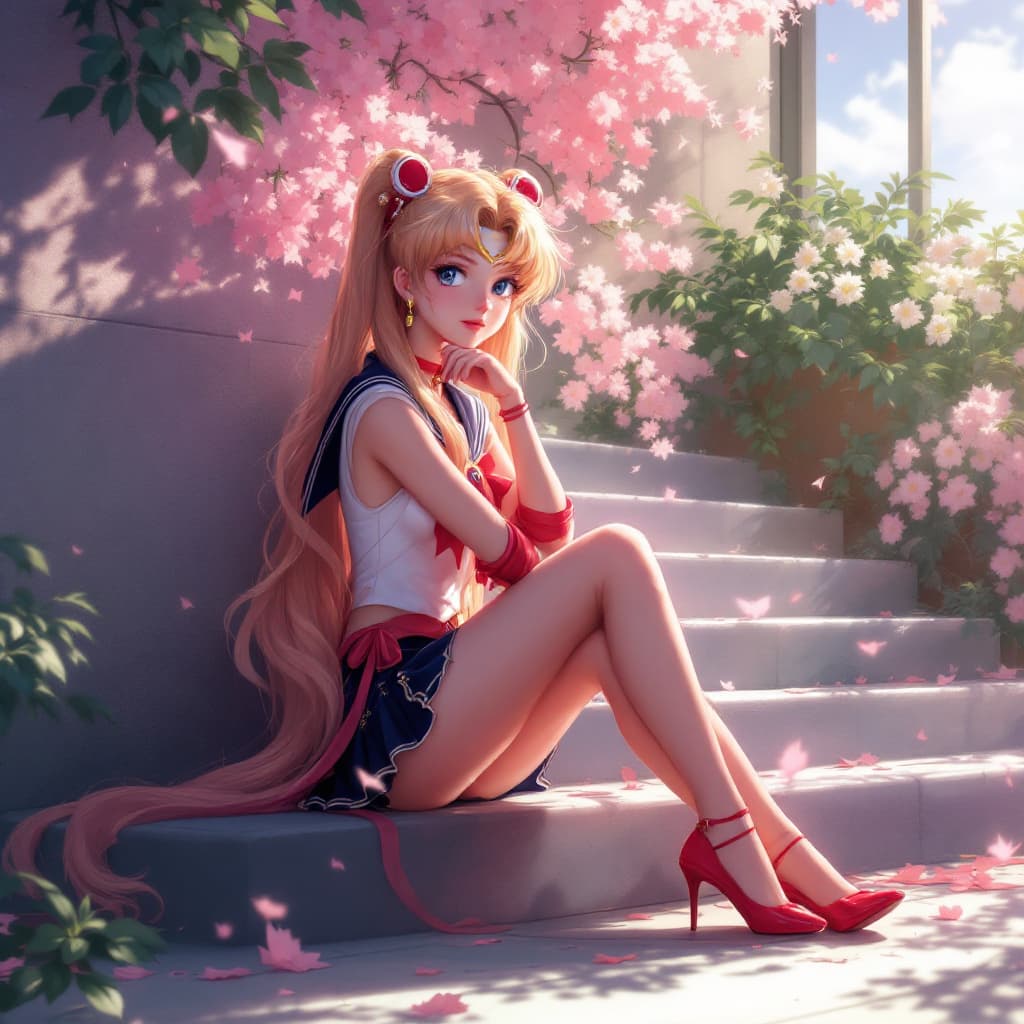 AI generated: sailor moon seated on steps, outdoors, warm atmospheric lighting --ar 1:2 --niji 6 --style raw --sty...