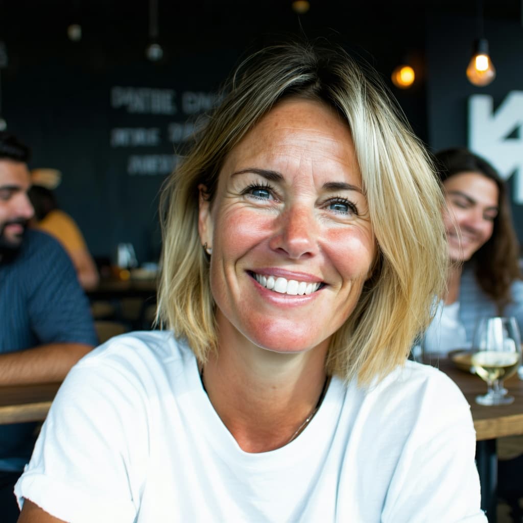 AI generated: Candid close-up shot of a cheerful 30-year-old Argentinian woman with a blonde bob haircut, smiling ...