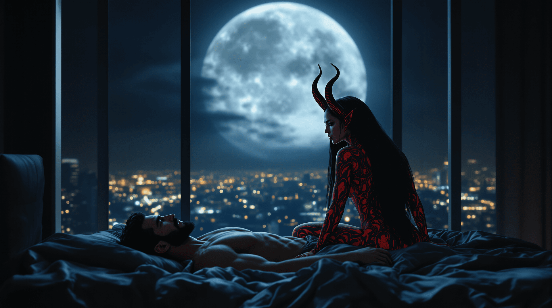 AI generated: Two figures in a luxirous modern bed silhouetted against large full moon and city lights. covered in...