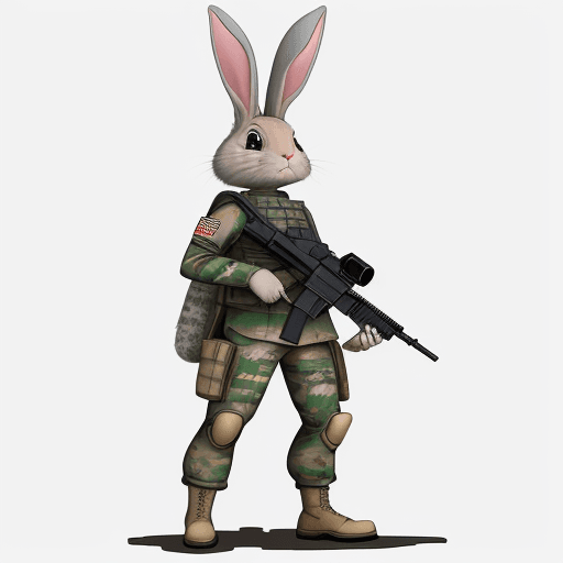 AI generated: "Draw a rabbit with military gear in an American cartoon style. Ensure that the rabbit does not have...