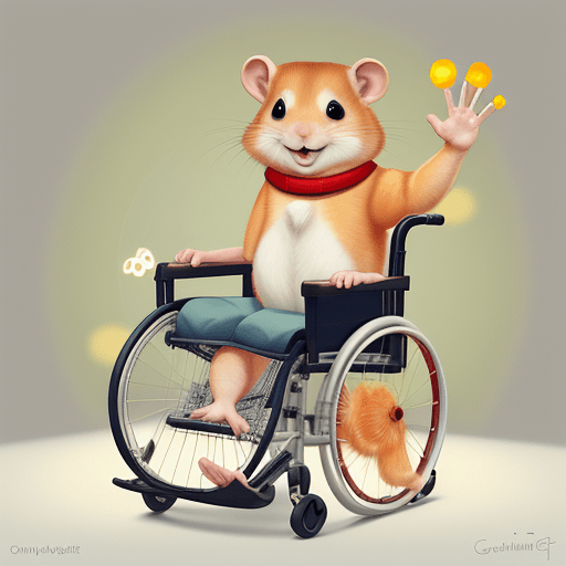 AI generated: ginger hamster in a wheel chair, its leg is raised and in a cast. it is smiling and waving.
warm lig...