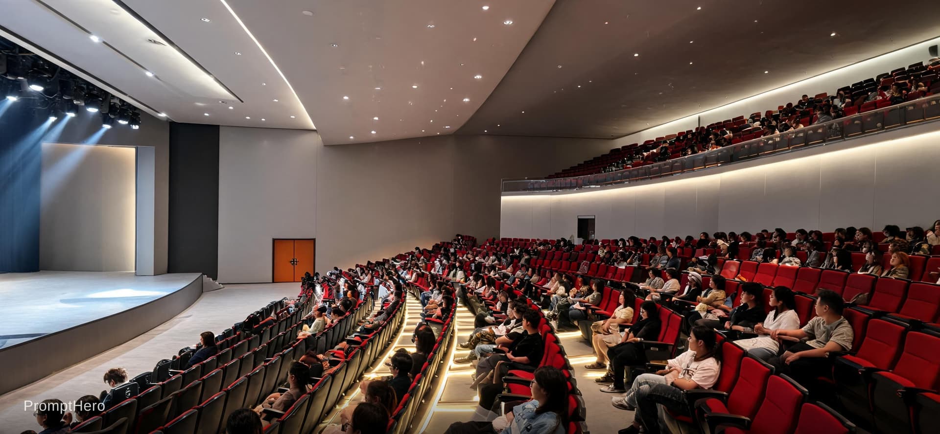 AI generated: create a modern interior of the given auditorium in 3d realistic render image, alson add some detail...