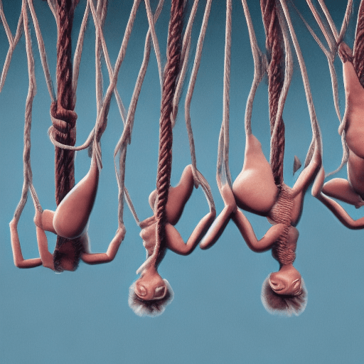 AI generated: 3d realistic render of humanity skin hanging upside down by ropes surrealism
