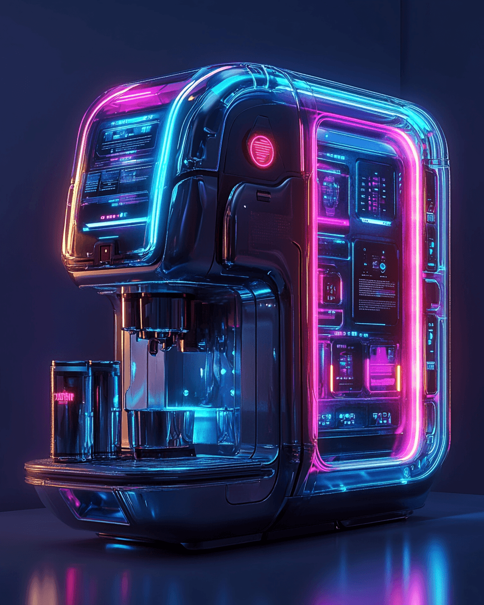 AI generated: A sleek and futuristic coffee machine with sharp, angular lines. Neon lights in shades of blue, pink...