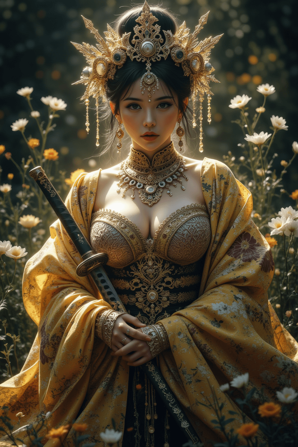 AI generated: Japanese Yakuza Oiran, elegant strapless outfit, intricate puzzle-like ornaments, mysterious heteroc...