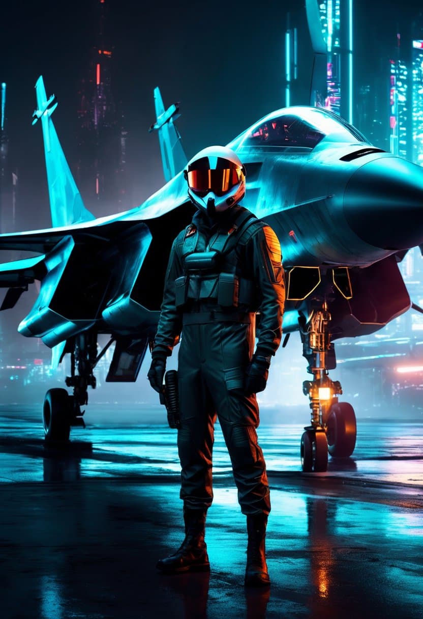 AI generated: russian fighter pilot stands beside futuristic sci fi fighter jet grounded at runway of cyberpunk ci...